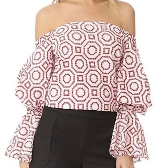 Alexis Micael Red White Eyelet Embroidered Off The Shoulder Bell Sleeve Top Med - Picture 16 of 16